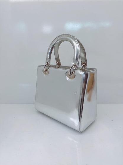 SILVER PATENT LEATHER MEDIUM LADY DIOR BAG