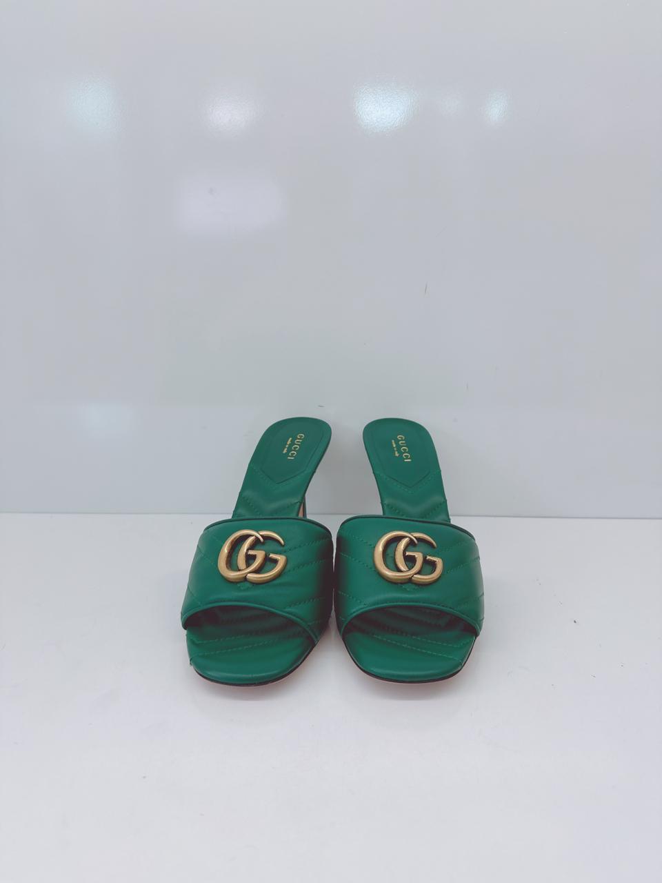 GREEN QUILTED LEATHER LOGO  EMBELLISHED DOUBLE G MULES SANDALS 38.5