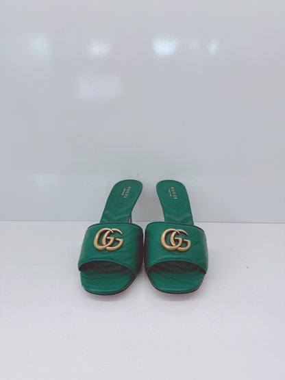 GREEN QUILTED LEATHER LOGO  EMBELLISHED DOUBLE G MULES SANDALS 38.5