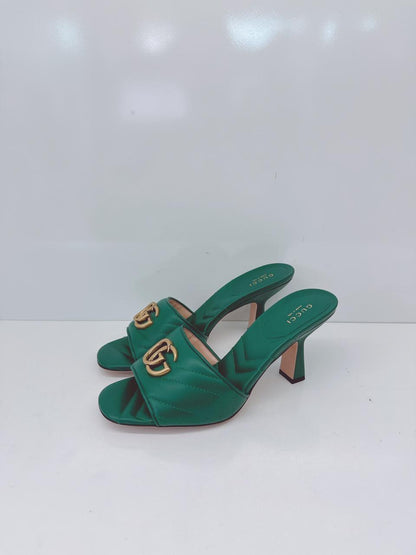 GREEN QUILTED LEATHER LOGO  EMBELLISHED DOUBLE G MULES SANDALS 38.5