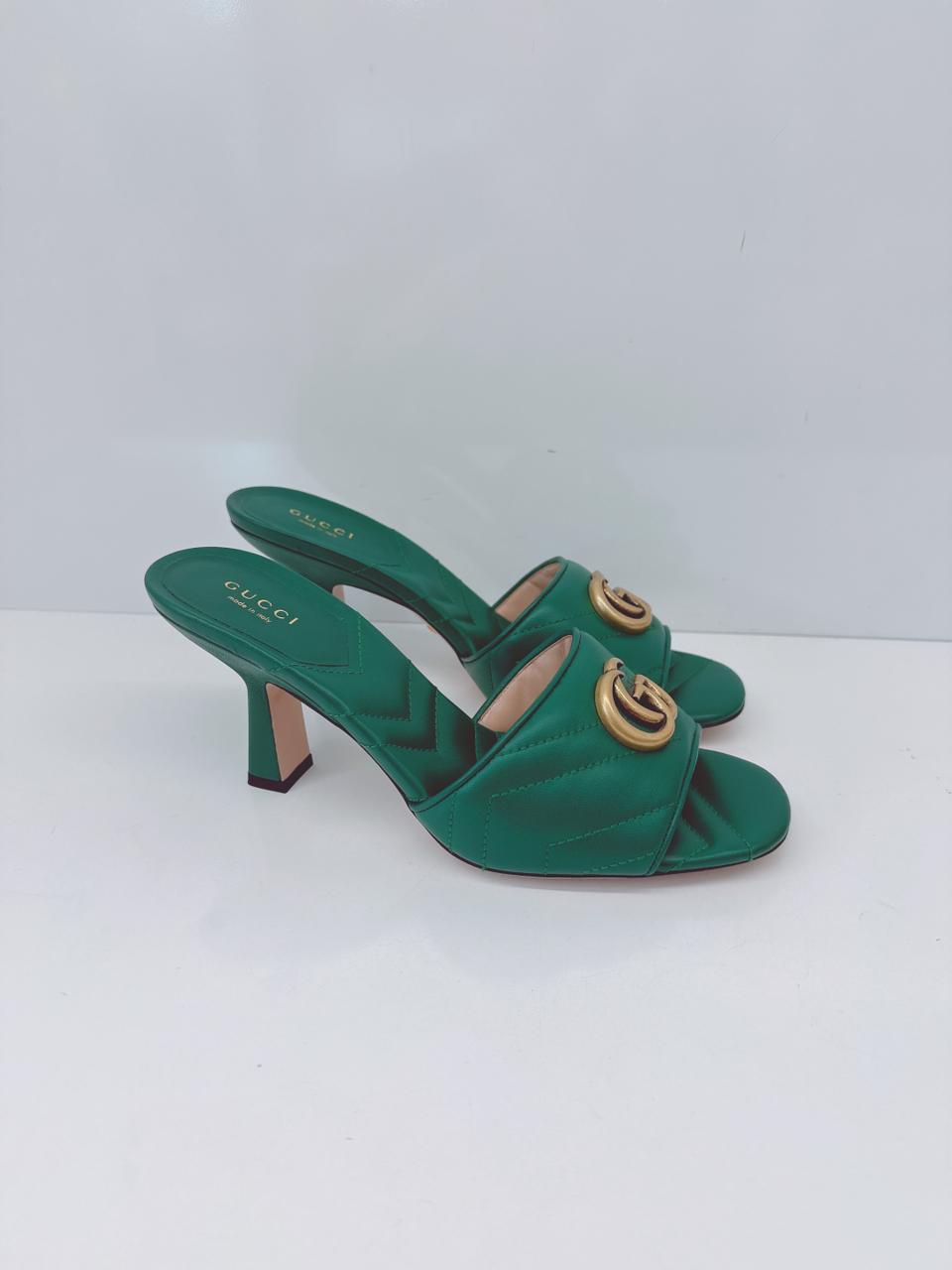 GREEN QUILTED LEATHER LOGO  EMBELLISHED DOUBLE G MULES SANDALS 38.5