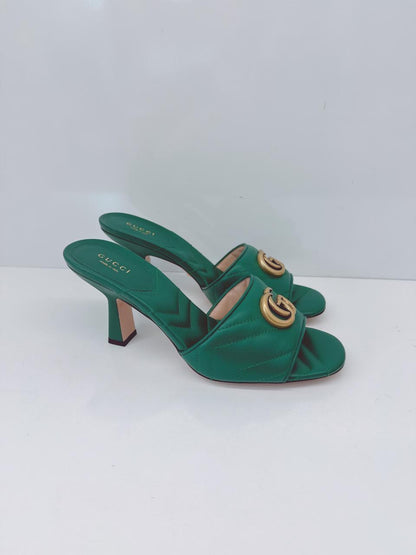 GREEN QUILTED LEATHER LOGO  EMBELLISHED DOUBLE G MULES SANDALS 38.5