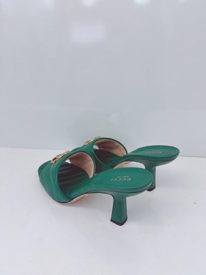 GREEN QUILTED LEATHER LOGO  EMBELLISHED DOUBLE G MULES SANDALS 38.5