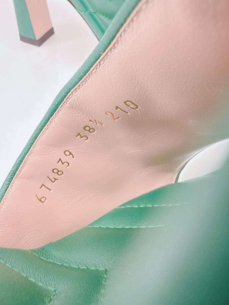 GREEN QUILTED LEATHER LOGO  EMBELLISHED DOUBLE G MULES SANDALS 38.5