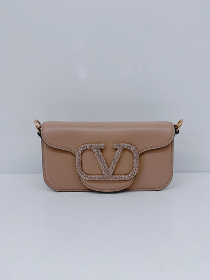 ROSE CANNELLE CALFSKIN LEATHER LOCO SMALL SHOULDER BAG WITH JEWEL LOGO