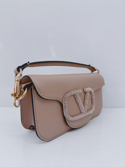 ROSE CANNELLE CALFSKIN LEATHER LOCO SMALL SHOULDER BAG WITH JEWEL LOGO