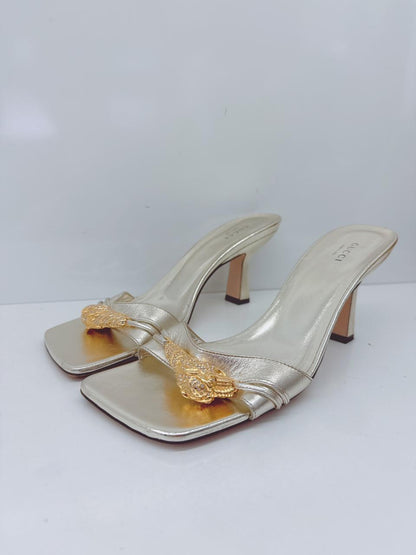 GOLD LEATHER DORA OPEN TOE SLIDE SANDALS 40.5
