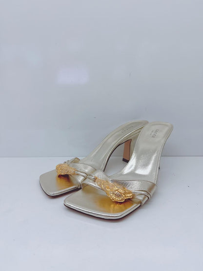 GOLD LEATHER DORA OPEN TOE SLIDE SANDALS 40.5