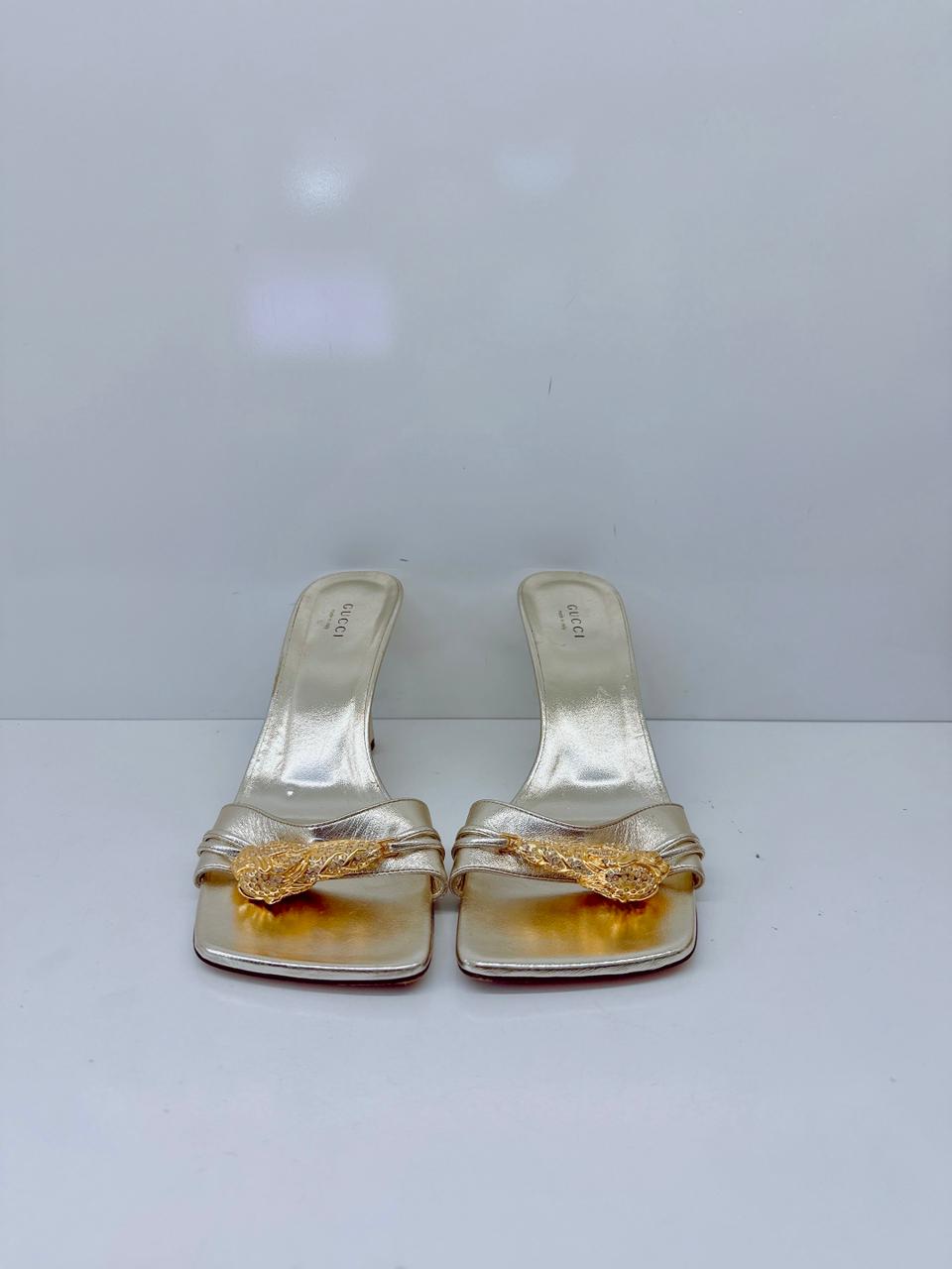 GOLD LEATHER DORA OPEN TOE SLIDE SANDALS 40.5