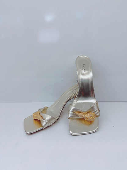 GOLD LEATHER DORA OPEN TOE SLIDE SANDALS 40.5