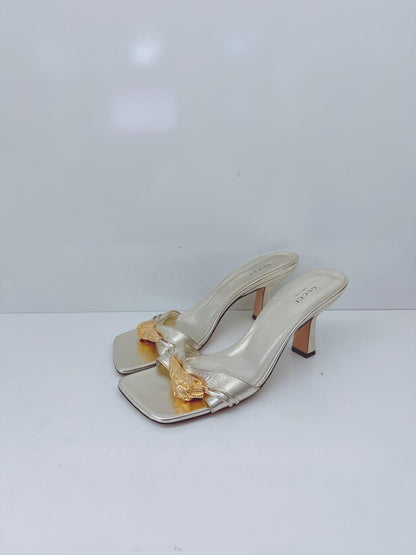 GOLD LEATHER DORA OPEN TOE SLIDE SANDALS 40.5