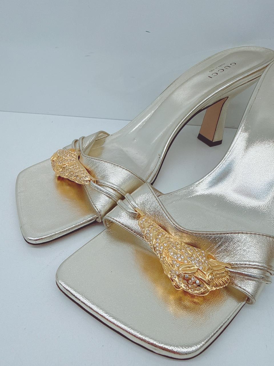 GOLD LEATHER DORA OPEN TOE SLIDE SANDALS 40.5