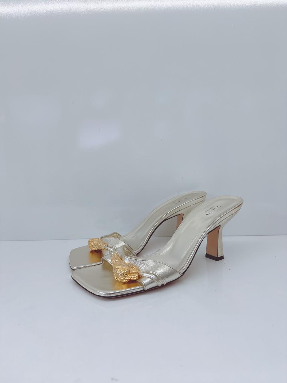 GOLD LEATHER DORA OPEN TOE SLIDE SANDALS 40.5