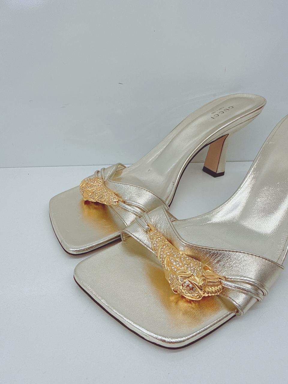 GOLD LEATHER DORA OPEN TOE SLIDE SANDALS 40.5