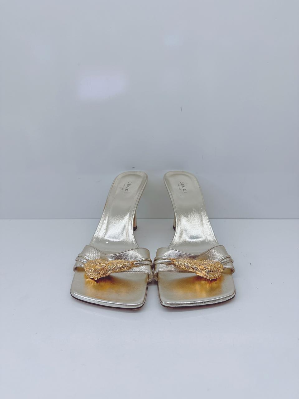 GOLD LEATHER DORA OPEN TOE SLIDE SANDALS 40.5