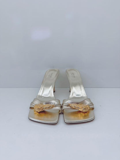 GOLD LEATHER DORA OPEN TOE SLIDE SANDALS 40.5