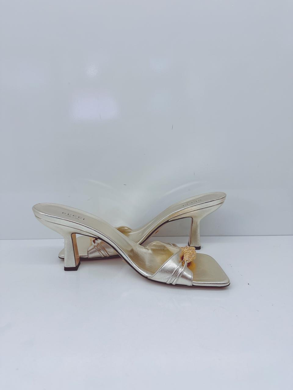 GOLD LEATHER DORA OPEN TOE SLIDE SANDALS 40.5