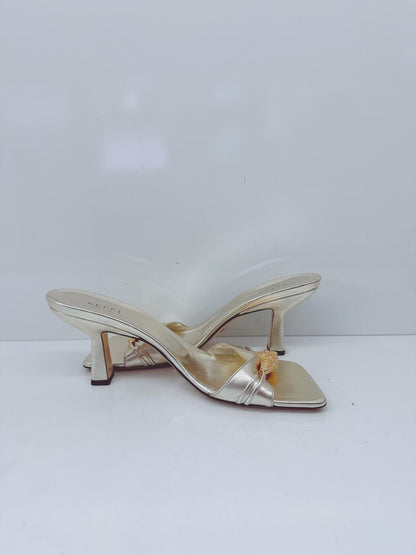 GOLD LEATHER DORA OPEN TOE SLIDE SANDALS 40.5