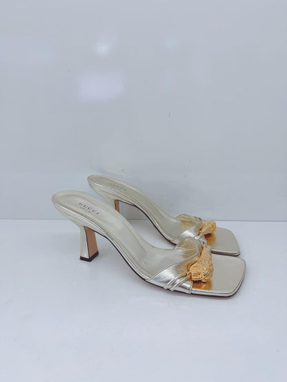 GOLD LEATHER DORA OPEN TOE SLIDE SANDALS 40.5