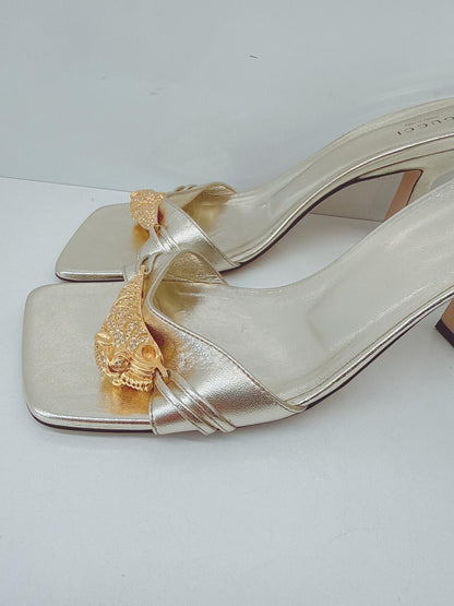 GOLD LEATHER DORA OPEN TOE SLIDE SANDALS 40.5