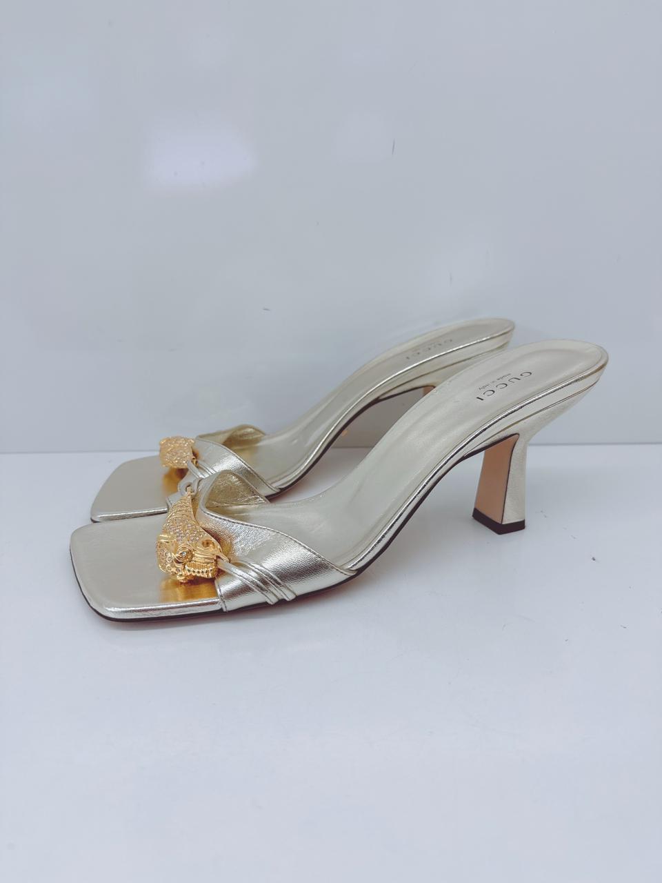 GOLD LEATHER DORA OPEN TOE SLIDE SANDALS 40.5