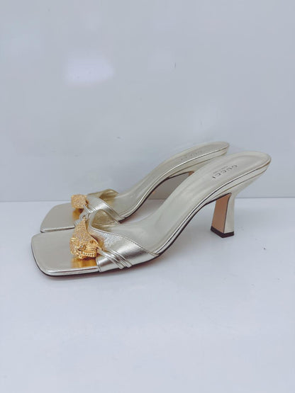GOLD LEATHER DORA OPEN TOE SLIDE SANDALS 40.5