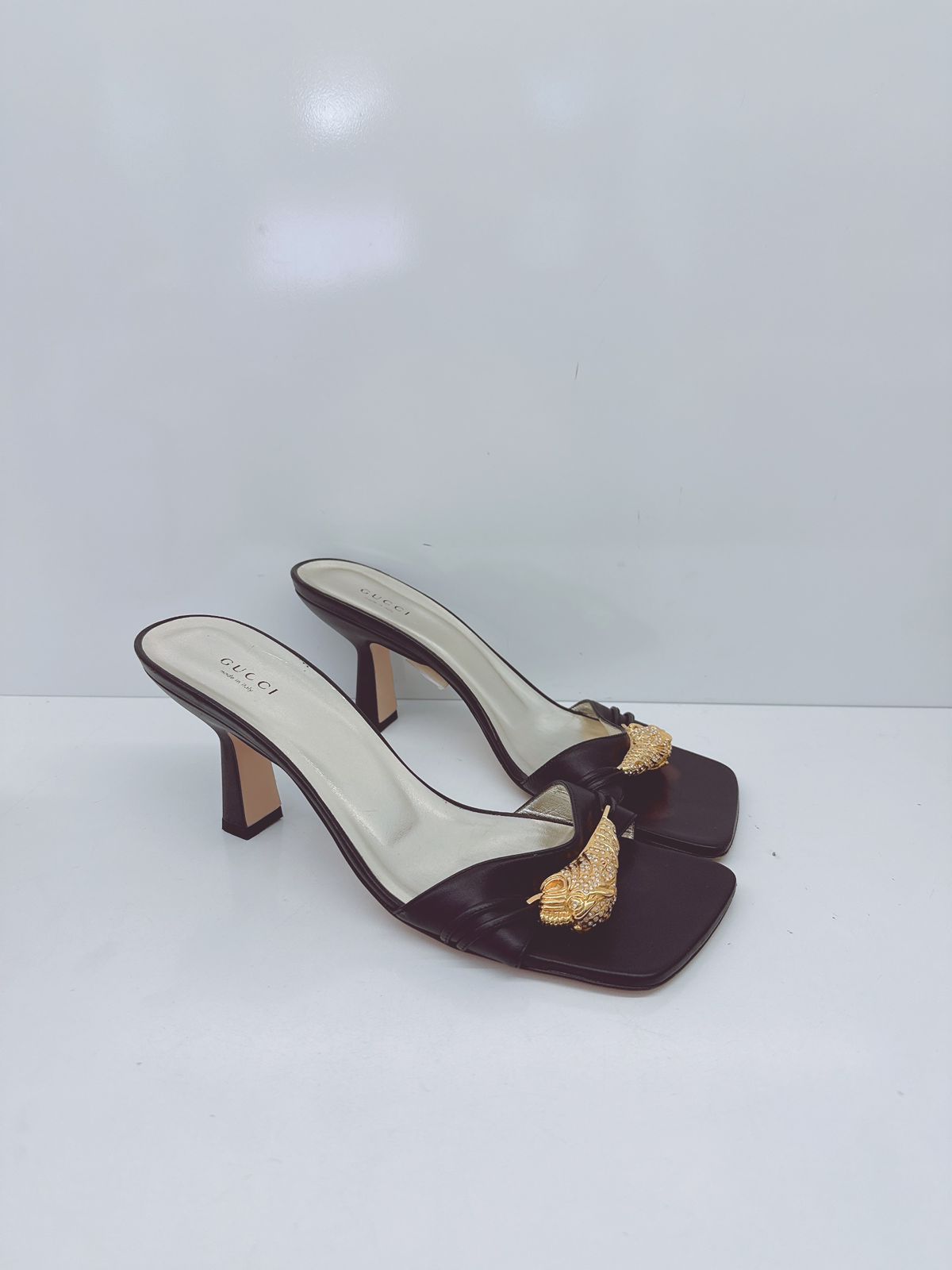 BLACK LEATHER DORA OPEN TOE SLIDE SANDALS 40.5