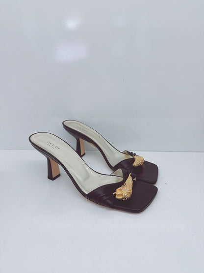BLACK LEATHER DORA OPEN TOE SLIDE SANDALS 40.5