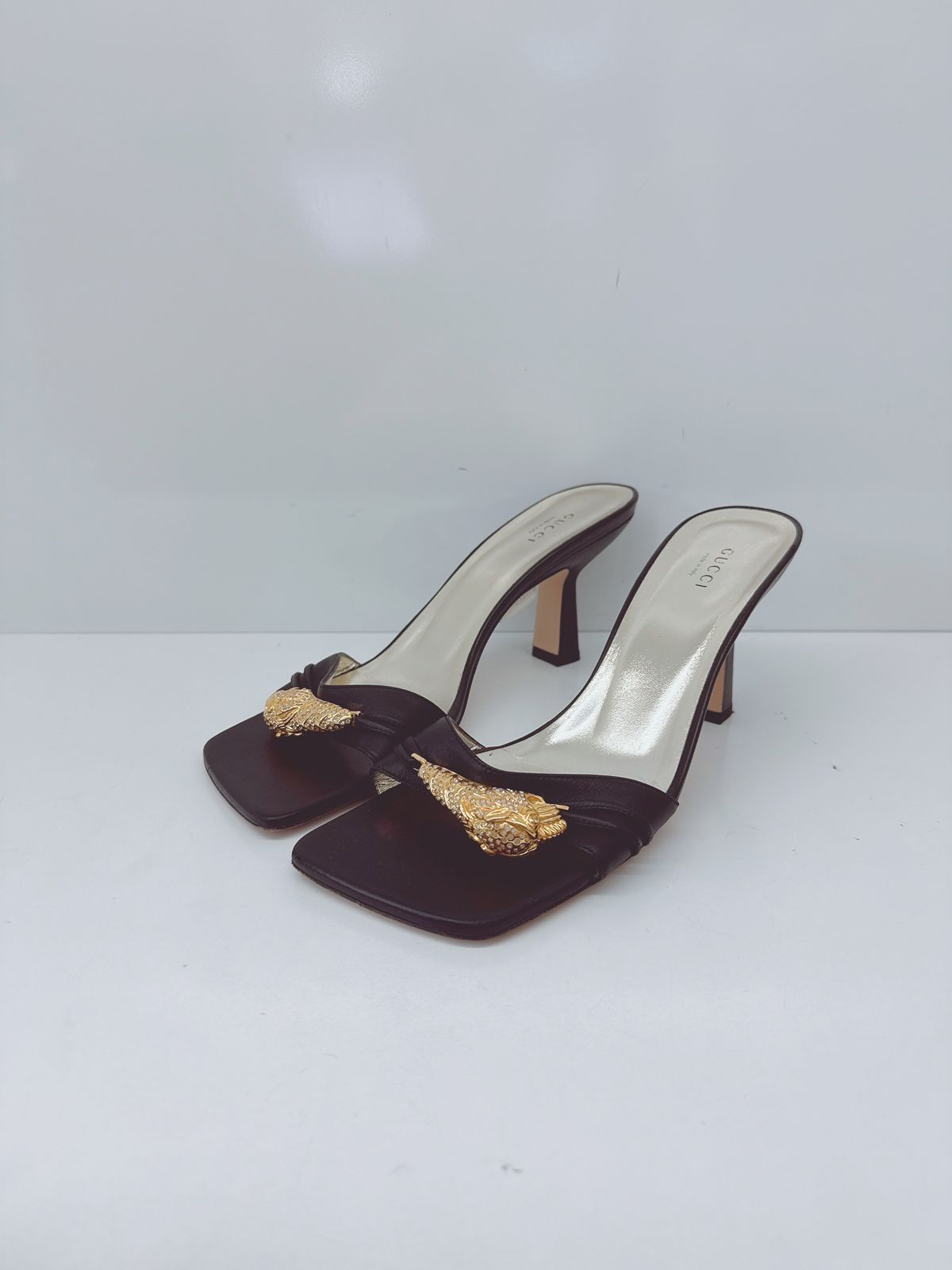 BLACK LEATHER DORA OPEN TOE SLIDE SANDALS 40.5