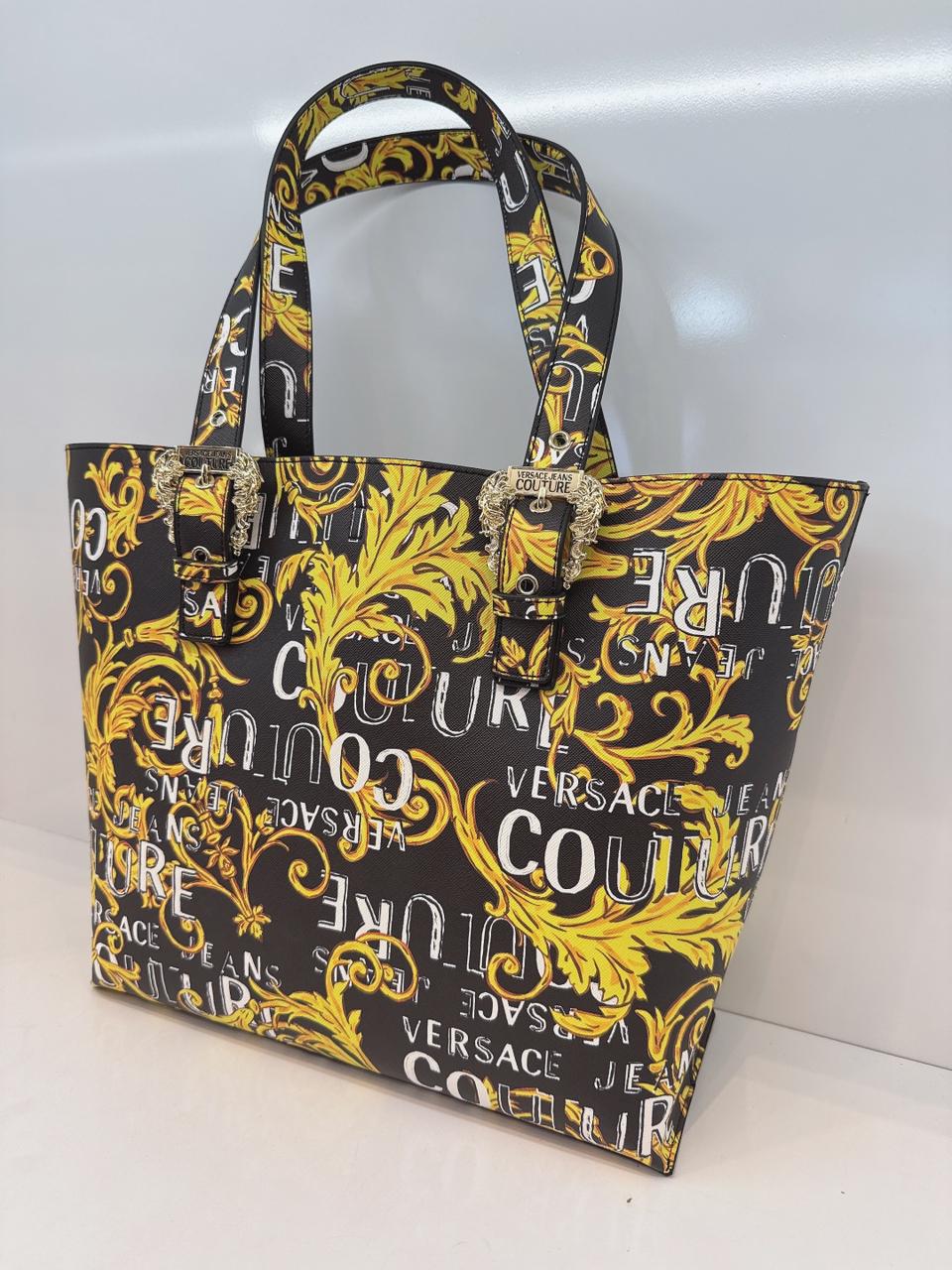 BLACK YELLOW BAROQUE LOGO PRINT SHOPPING TOTE BAG