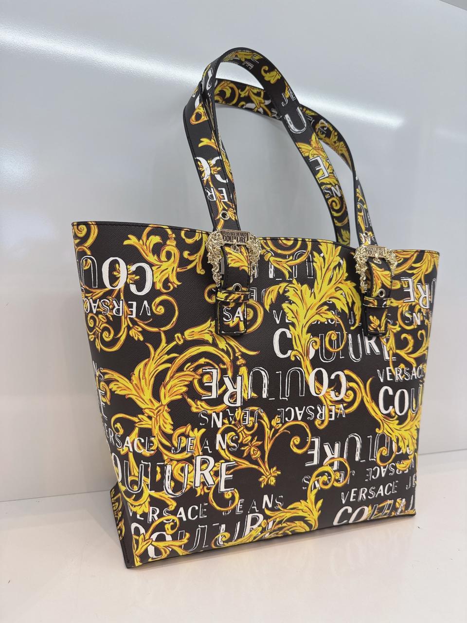 BLACK YELLOW BAROQUE LOGO PRINT SHOPPING TOTE BAG