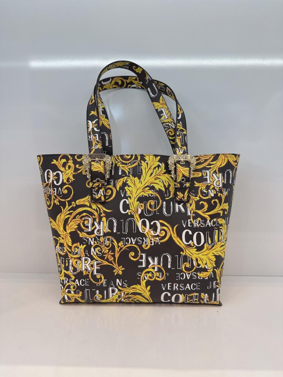 BLACK YELLOW BAROQUE LOGO PRINT SHOPPING TOTE BAG