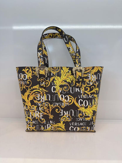 BLACK YELLOW BAROQUE LOGO PRINT SHOPPING TOTE BAG