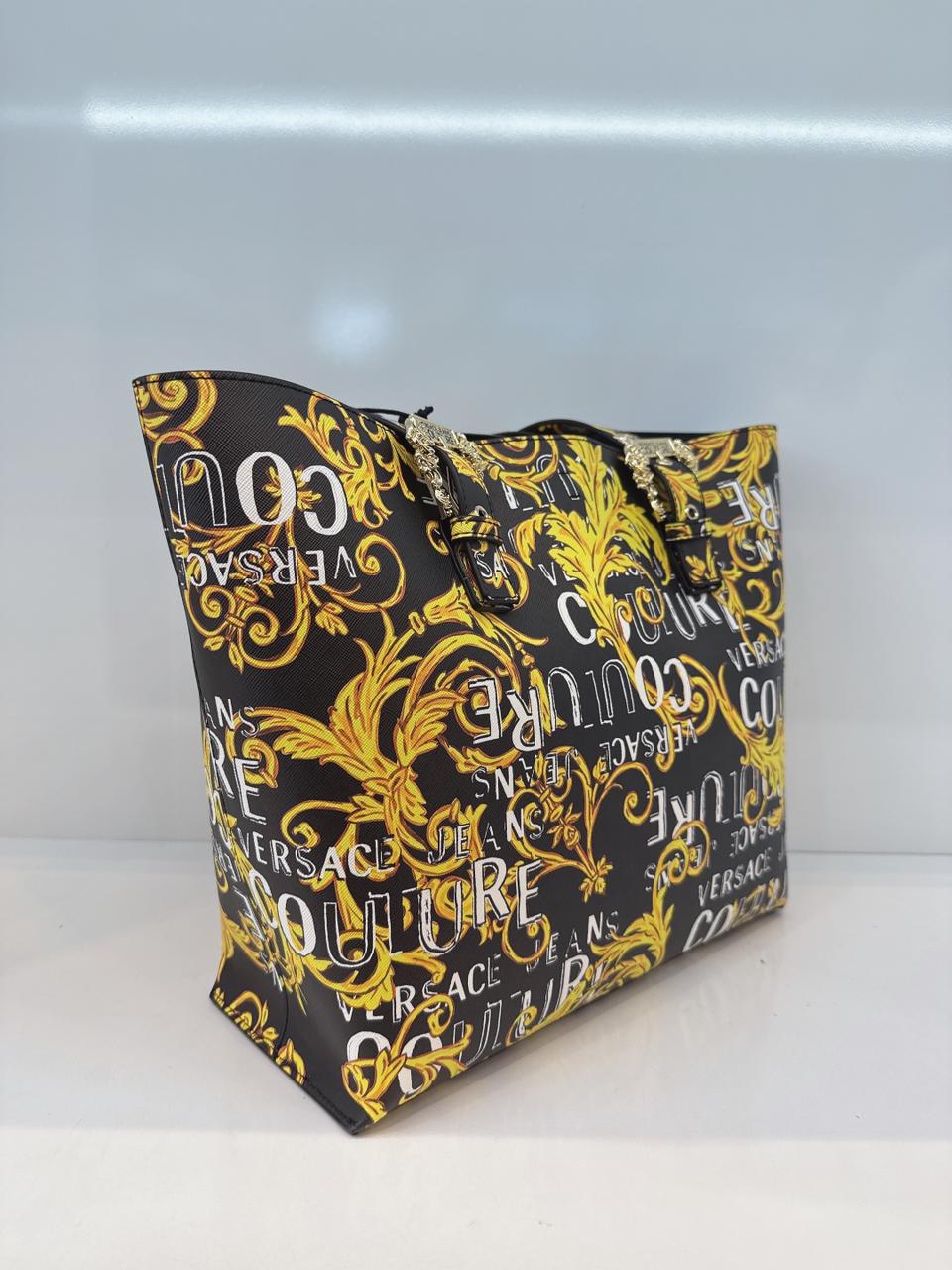 BLACK YELLOW BAROQUE LOGO PRINT SHOPPING TOTE BAG