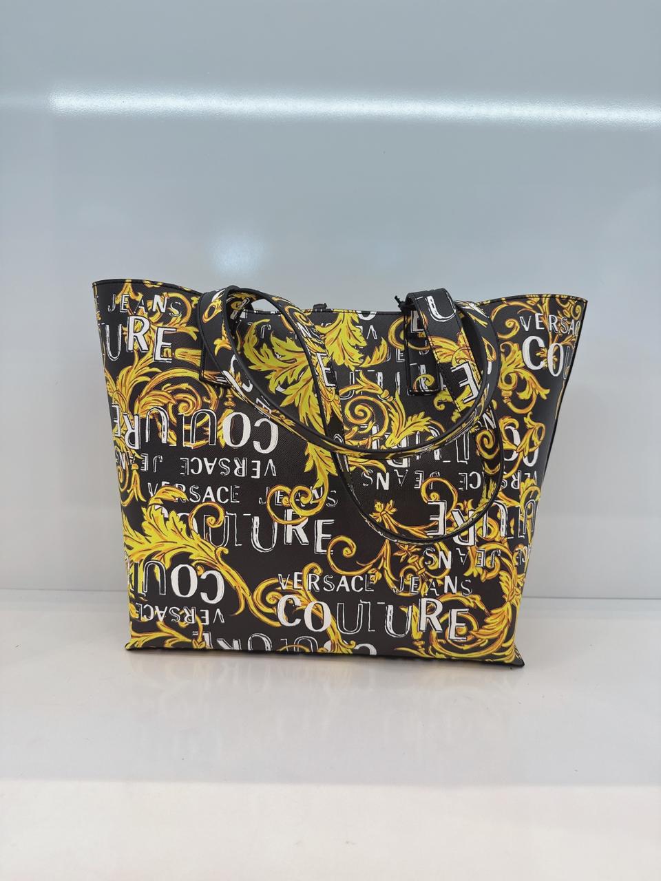 BLACK YELLOW BAROQUE LOGO PRINT SHOPPING TOTE BAG
