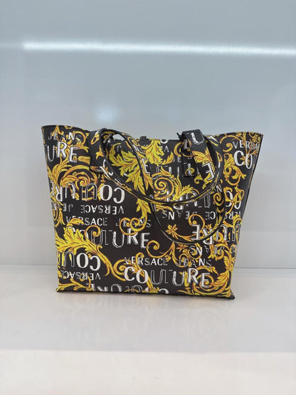 BLACK YELLOW BAROQUE LOGO PRINT SHOPPING TOTE BAG