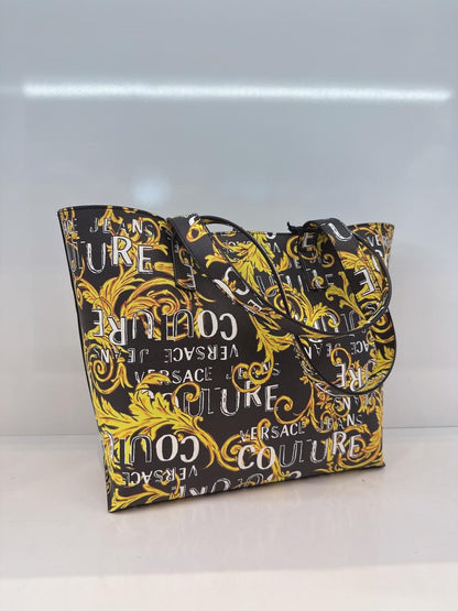 BLACK YELLOW BAROQUE LOGO PRINT SHOPPING TOTE BAG