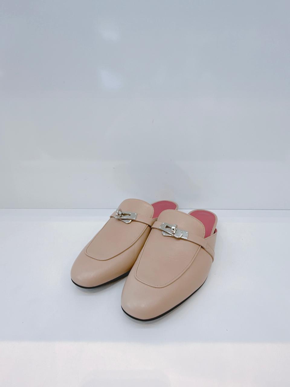 BEIGE NUDE GOATSKIN LEATHER OZ MULE SANDALS 40.5