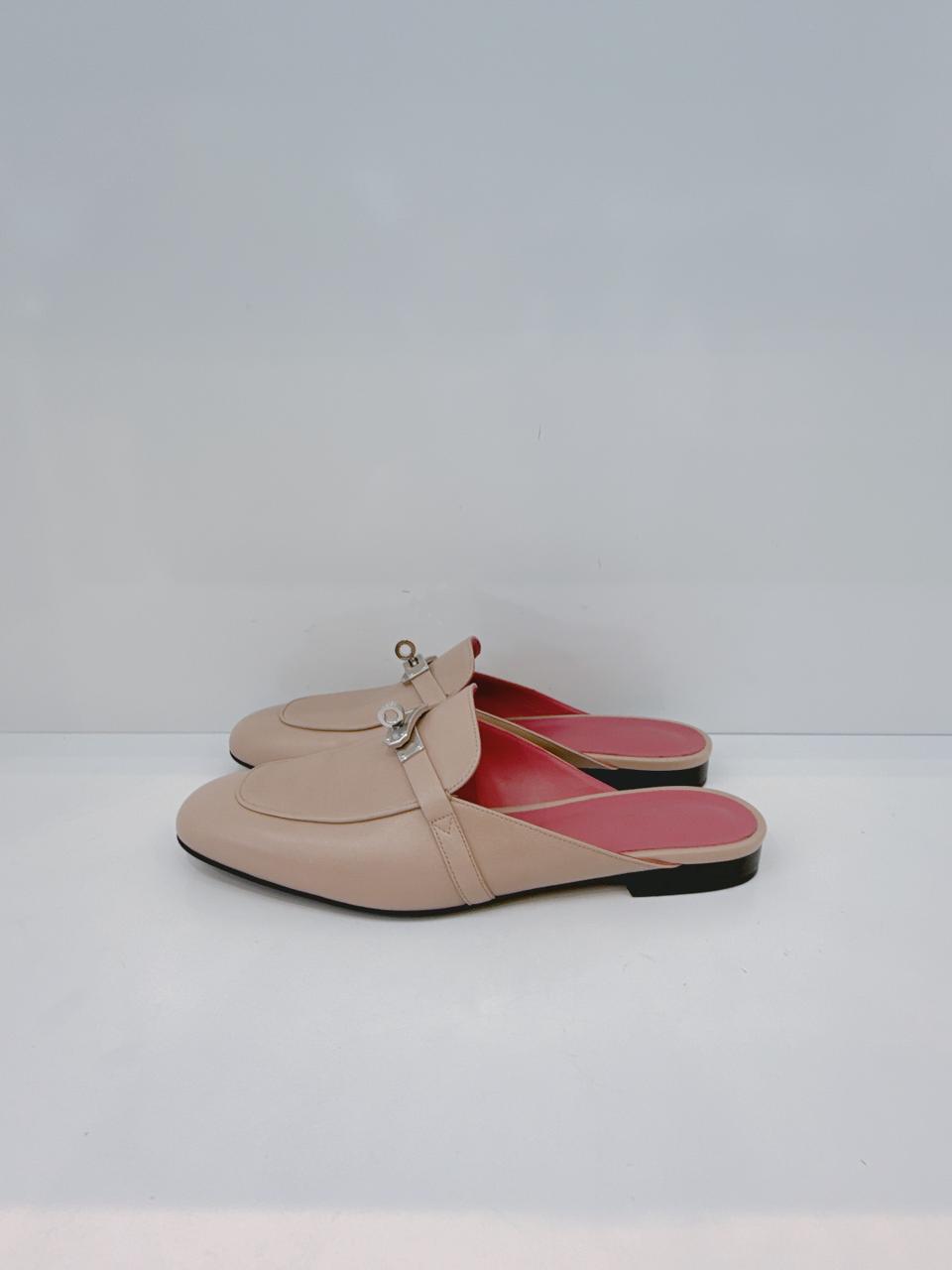 BEIGE NUDE GOATSKIN LEATHER OZ MULE SANDALS 40.5