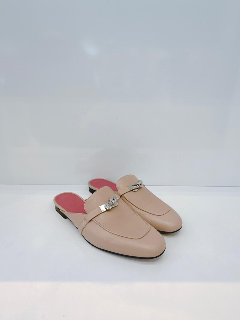 BEIGE NUDE GOATSKIN LEATHER OZ MULE SANDALS 40.5