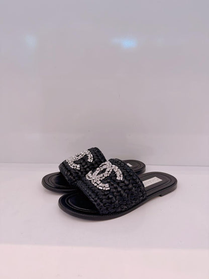 BLACK WOVEN RAFFIA CC CRYSTAL FLAT SANDALS 38.5C