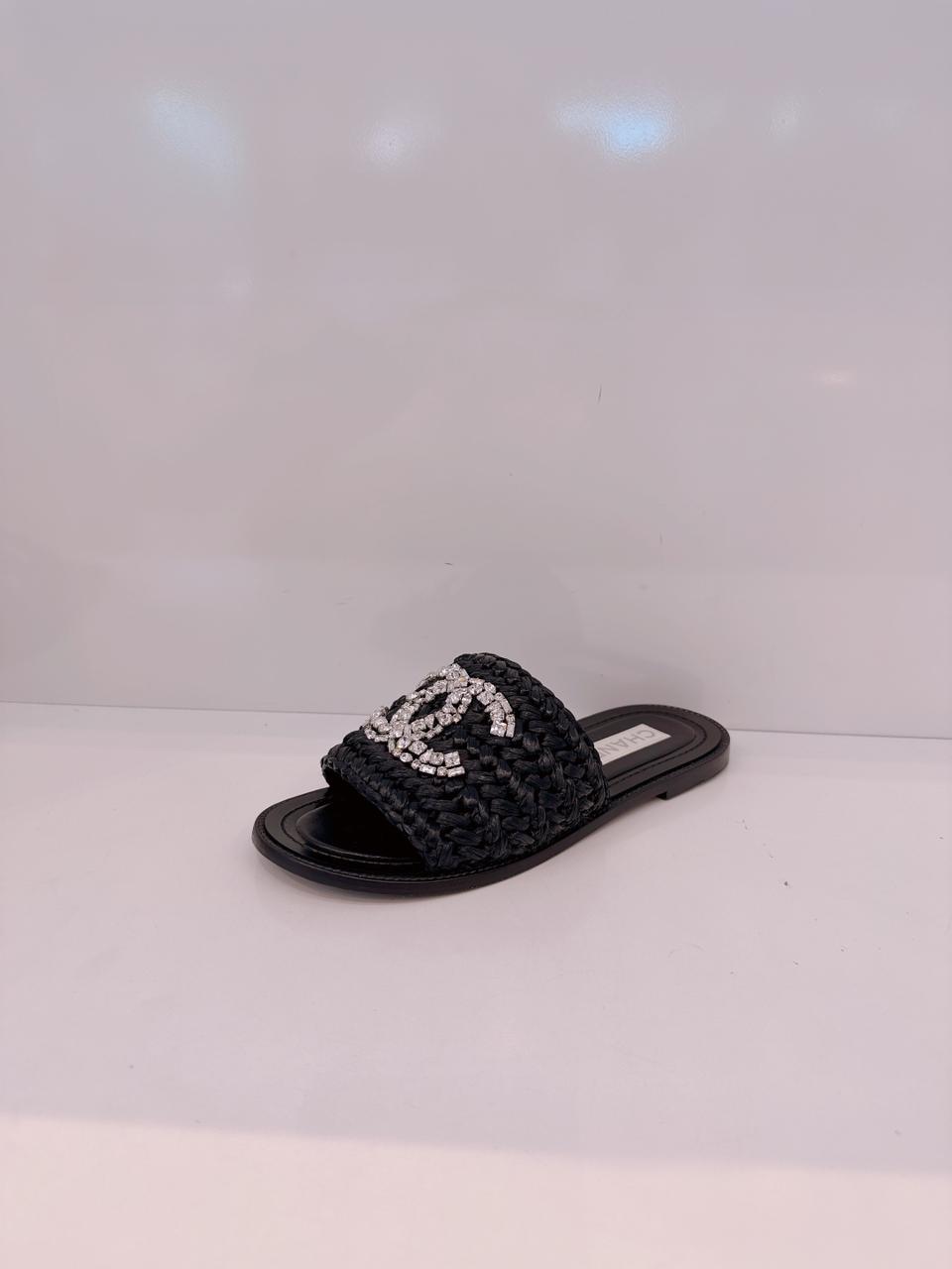BLACK WOVEN RAFFIA CC CRYSTAL FLAT SANDALS 38.5C