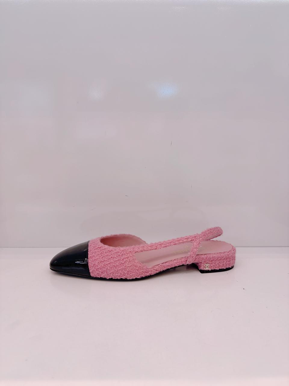 BLACK PINK PATENT LEATHER & TWEED SLINGBACK SANDALS 41C