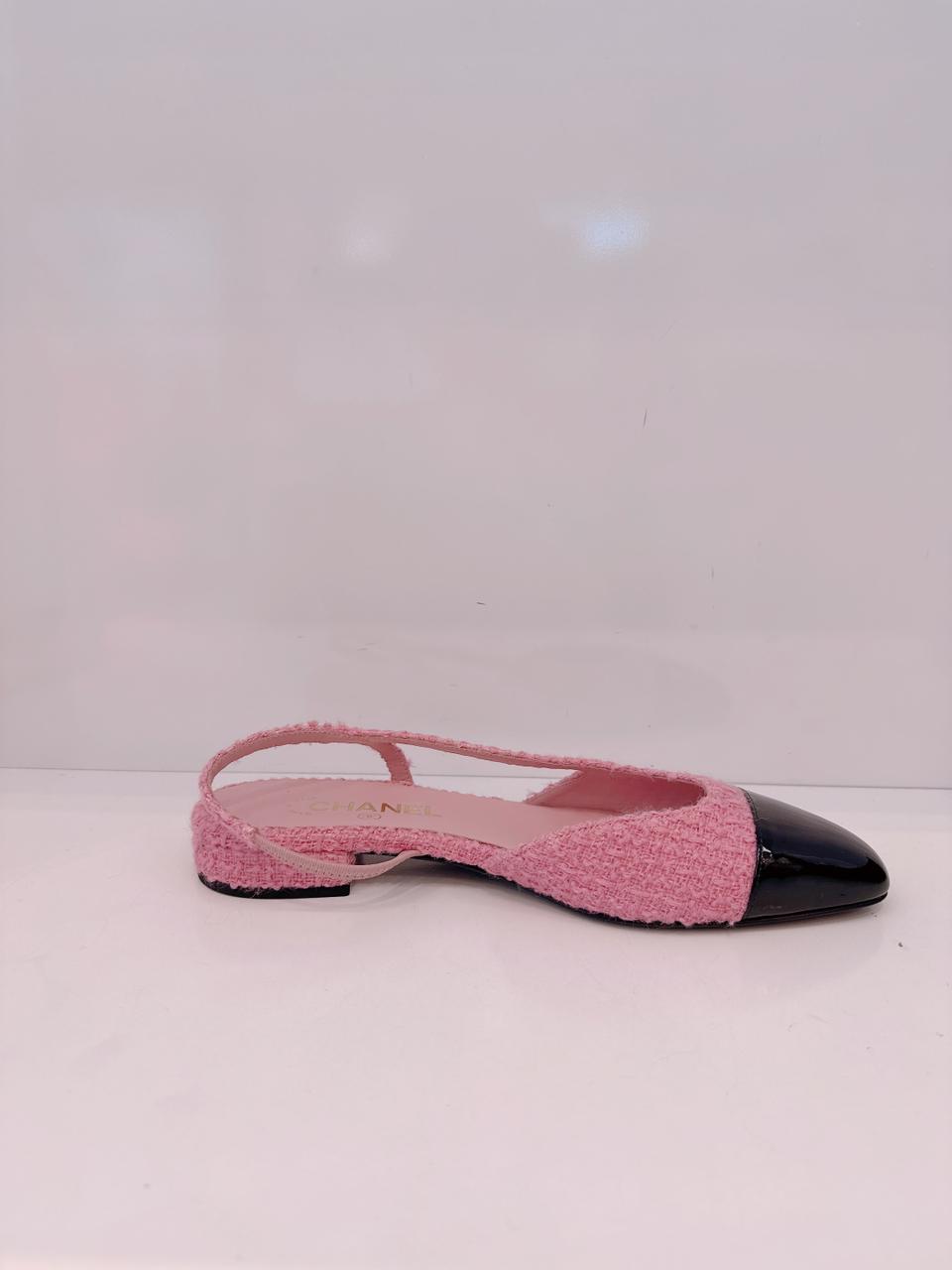 BLACK PINK PATENT LEATHER & TWEED SLINGBACK SANDALS 41C