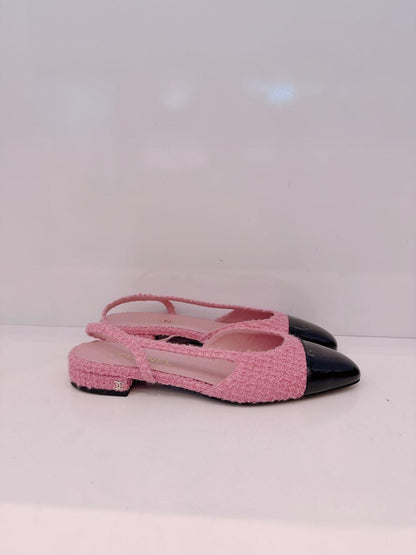 BLACK PINK PATENT LEATHER & TWEED SLINGBACK SANDALS 41C
