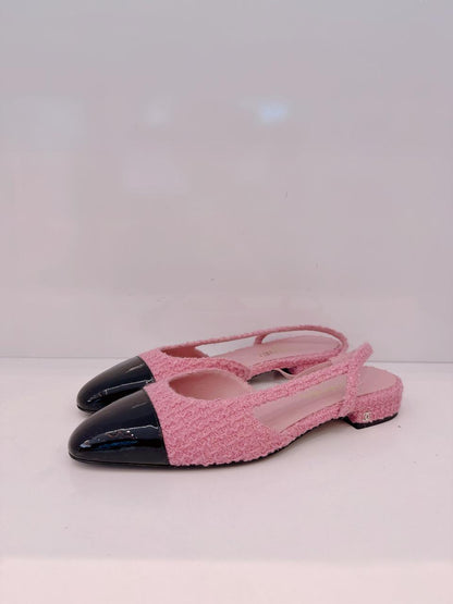 BLACK PINK PATENT LEATHER & TWEED SLINGBACK SANDALS 41C