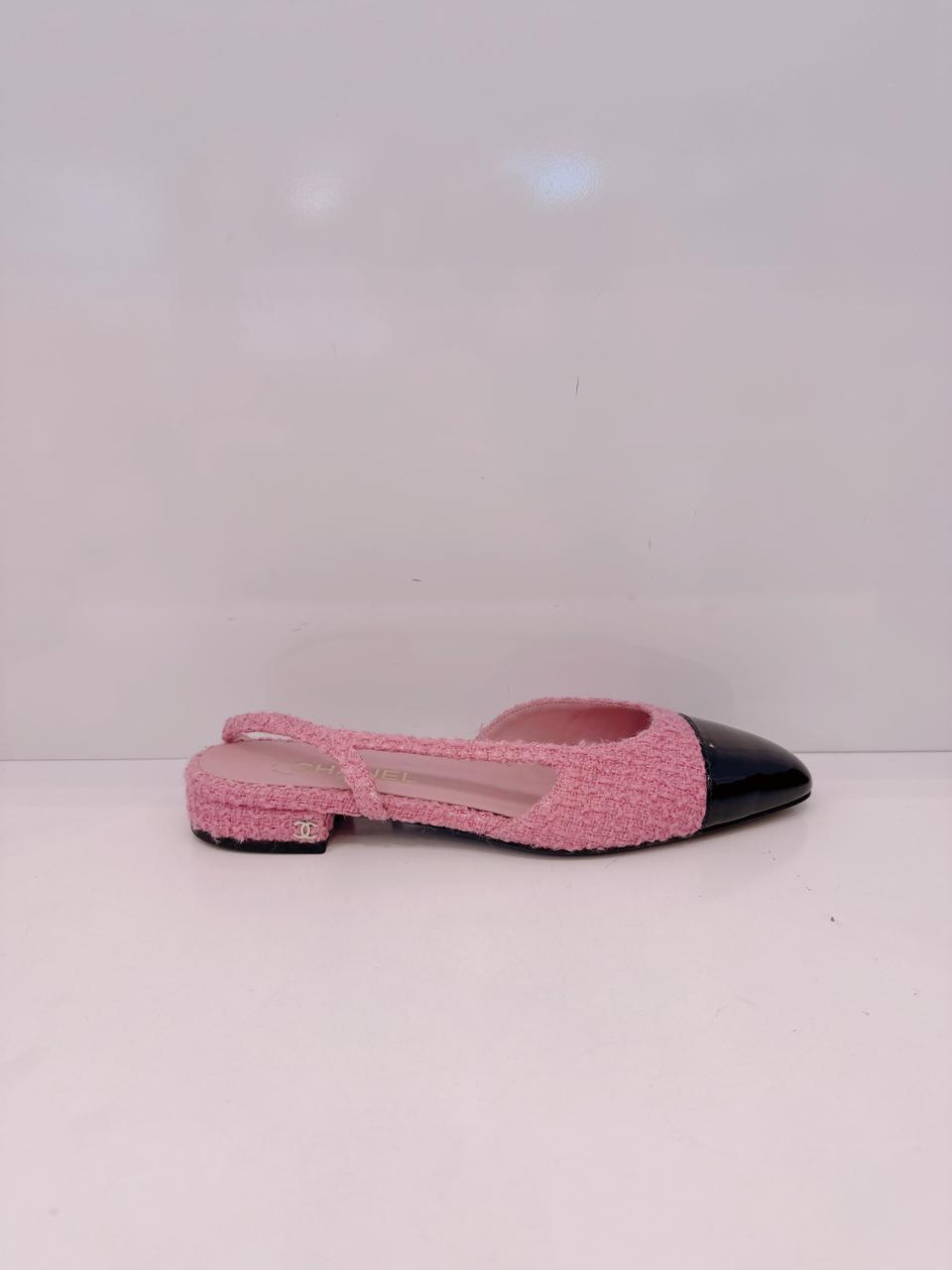 BLACK PINK PATENT LEATHER & TWEED SLINGBACK SANDALS 41C