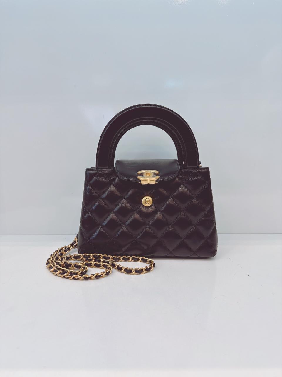 BLACK SHINY AGED CALFSKIN LEATHER KELLY MINI SHOPPING BAG