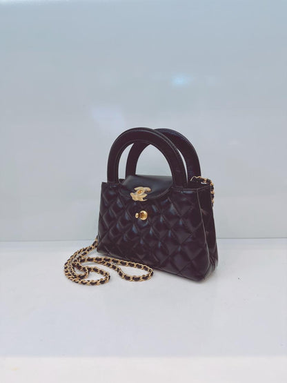 BLACK SHINY AGED CALFSKIN LEATHER KELLY MINI SHOPPING BAG