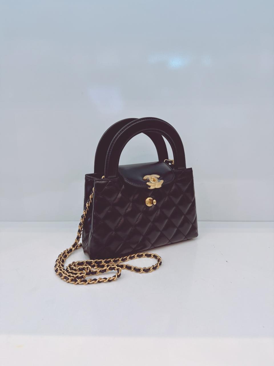 BLACK SHINY AGED CALFSKIN LEATHER KELLY MINI SHOPPING BAG